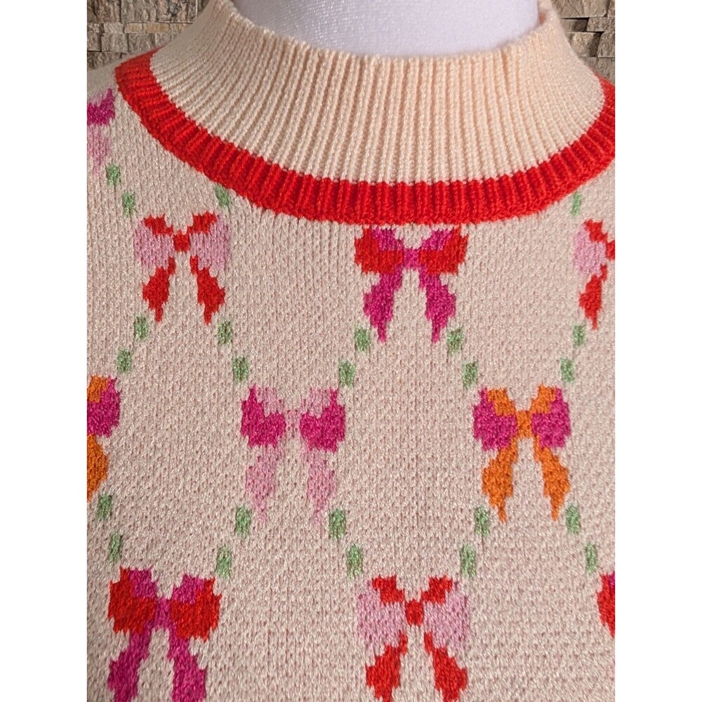 NWT Bow Print Coquette Artsy Cream Sweater Colorful Preppy - Picture 4 of 15